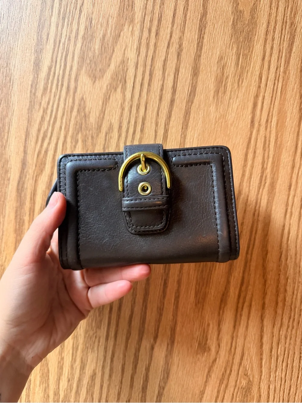 Coach Dark Brown Leather Wallet with Gold Buckle